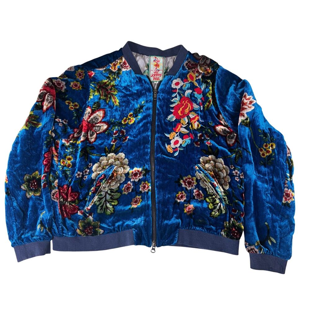 Johnny Was Vivian Velvet Bomber Jacket Womens M Blue Floral Silk Blend Full Zip